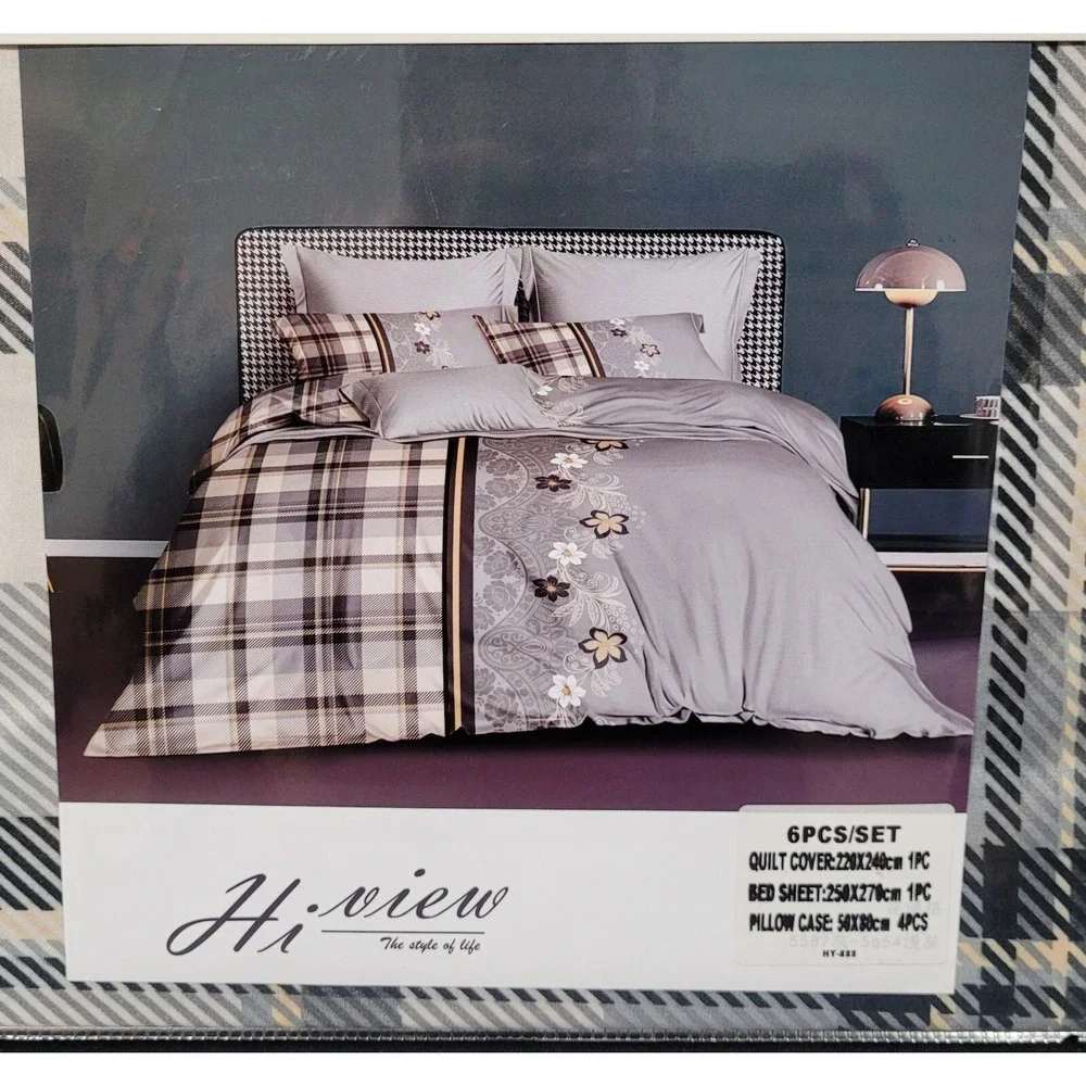 Italian Fashion Queen Size Duvet Cover Set 6 Pc Design #HY-888 Gray Floral/Plaid